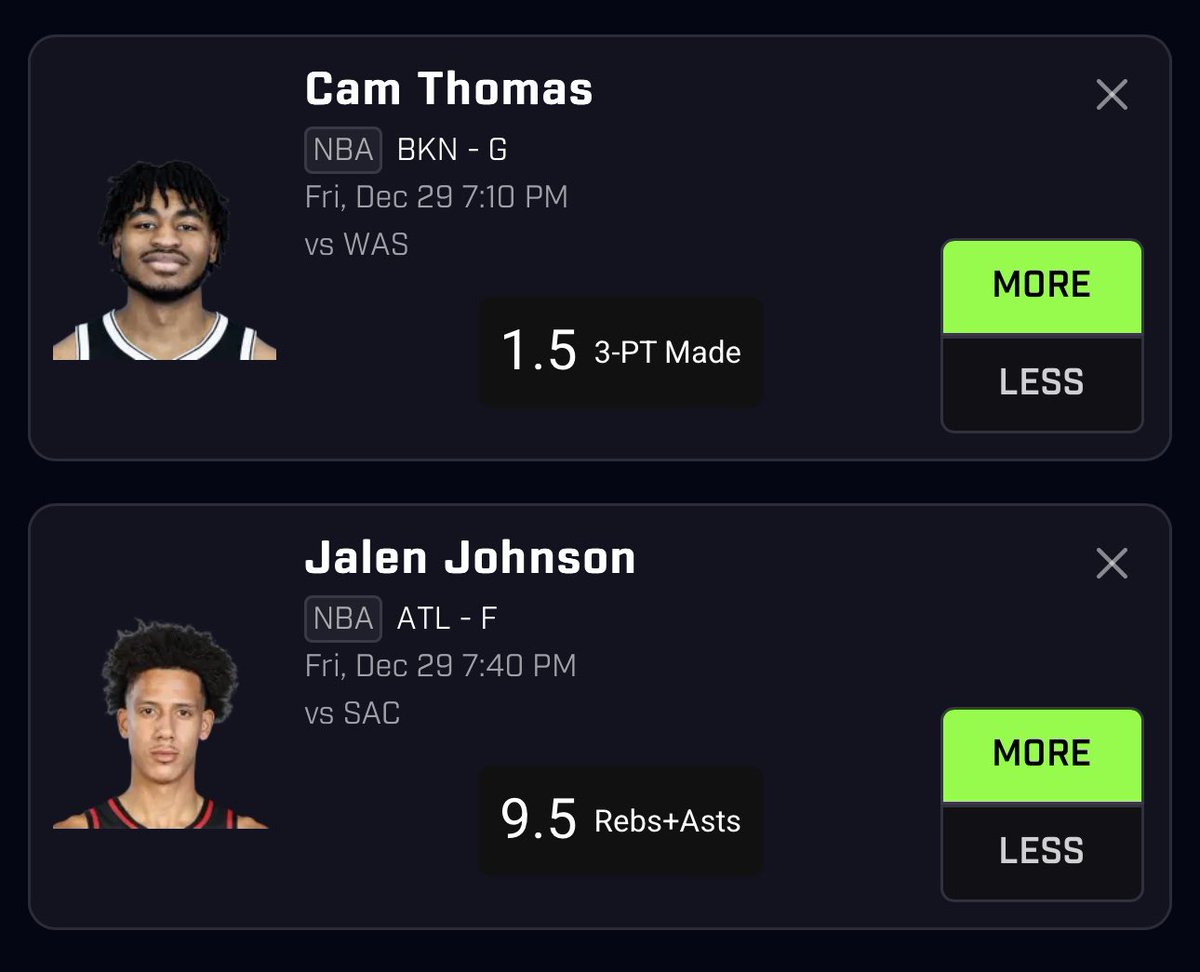PropsToProfits's tweet photo. POTD☢️

Cam Thomas 1.5 3-PT Made Over🌟

Jalen Johnson 9.5 RA Over 🌟

Like if tailing😈

#prizepicks #prizepick #PrizePicksNBA #nbabets #GambingTwitter #GamblingCommunity #nba #prizepicklocks https://t.co/wKUhX25lQj