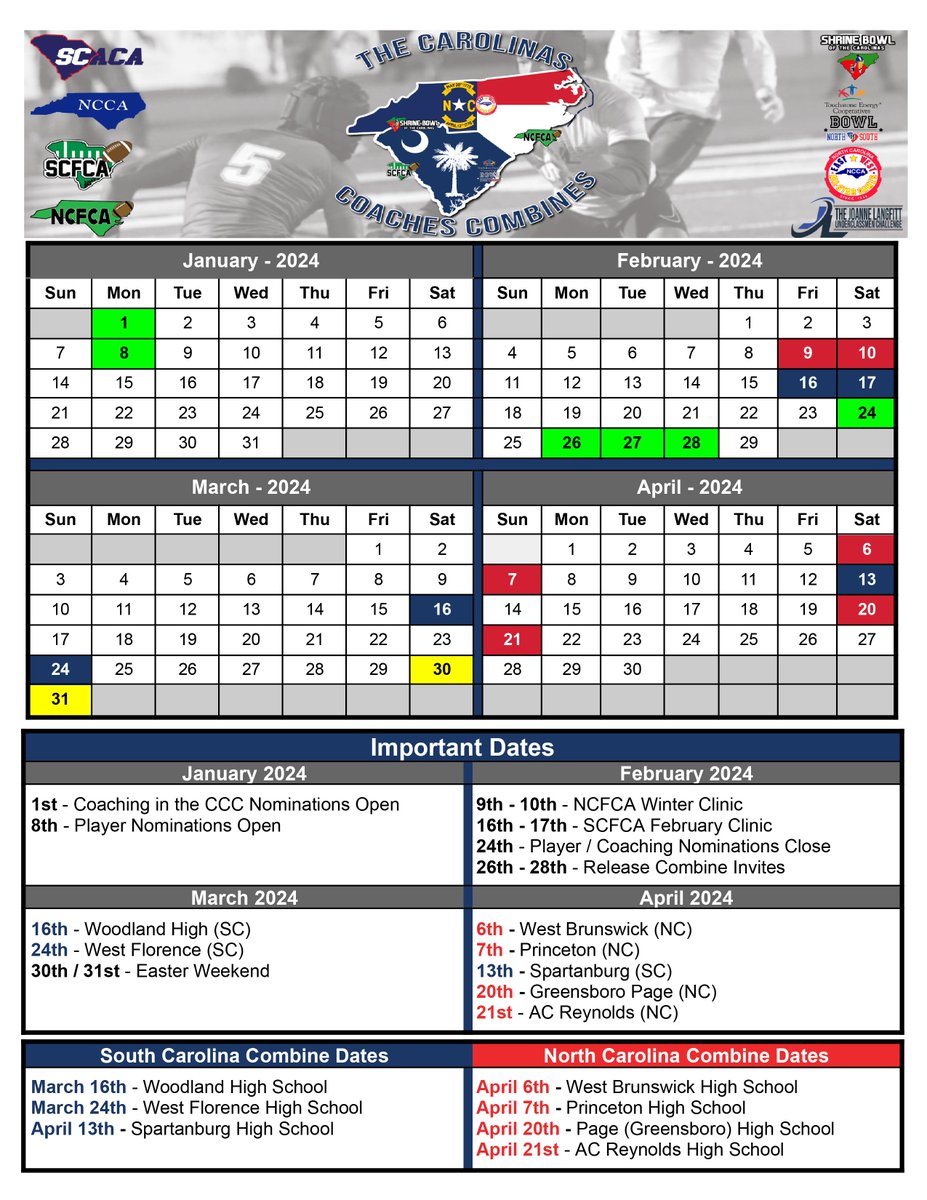 DATES AND LOCATIONS RELEASE

SOUTH CAROLINA
March 16 - Woodland
March 24 - West Florence
April 13 - Spartanburg

NORTH CAROLINA
April 6 - West Brunswick
April 7 - Princeton
April 20 - Greensboro Page
April 21 - AC Reynolds

***Full calendar below***

PLAYER NOMINATIONS OPEN JAN 8