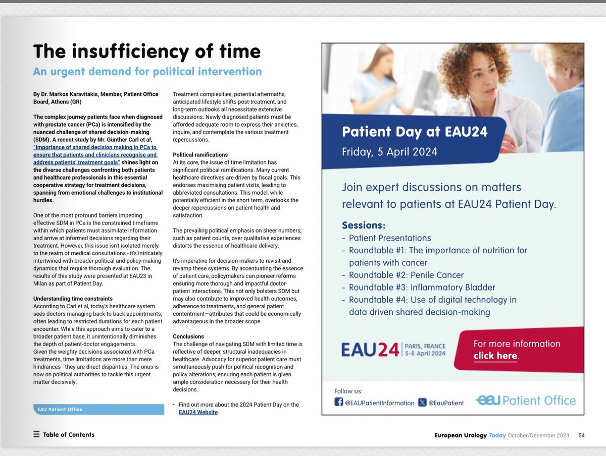 “ The insufficiency of time” featured in the latest issue of European Urology Today. An article on behalf of <a href="/EauPatient/">EAU Patient Information</a> based on the study by Karl et presented during #Eau23 Patient Day in Milan. Look forward to welcoming you to #EAU24 Patient Day in Paris. <a href="/Uroweb/">European Association of Urology (EAU)</a>