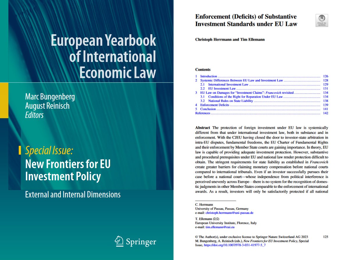 New publication: Christoph Herrmann and I discuss the pitfalls of EU law's investment protection enforcement and how its full potential could be reached in comparison with intl. investment law. Available at doi.org/10.1007/978-3-…