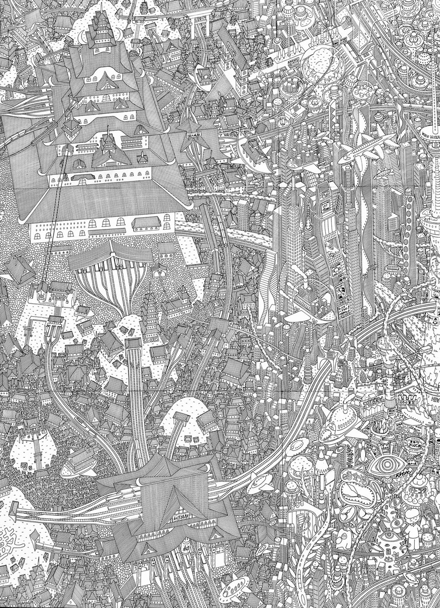 ペンで描いている空想の都市です。
巨大城や高層ビル群などが入り混じる、混沌とした世界を描いています。 