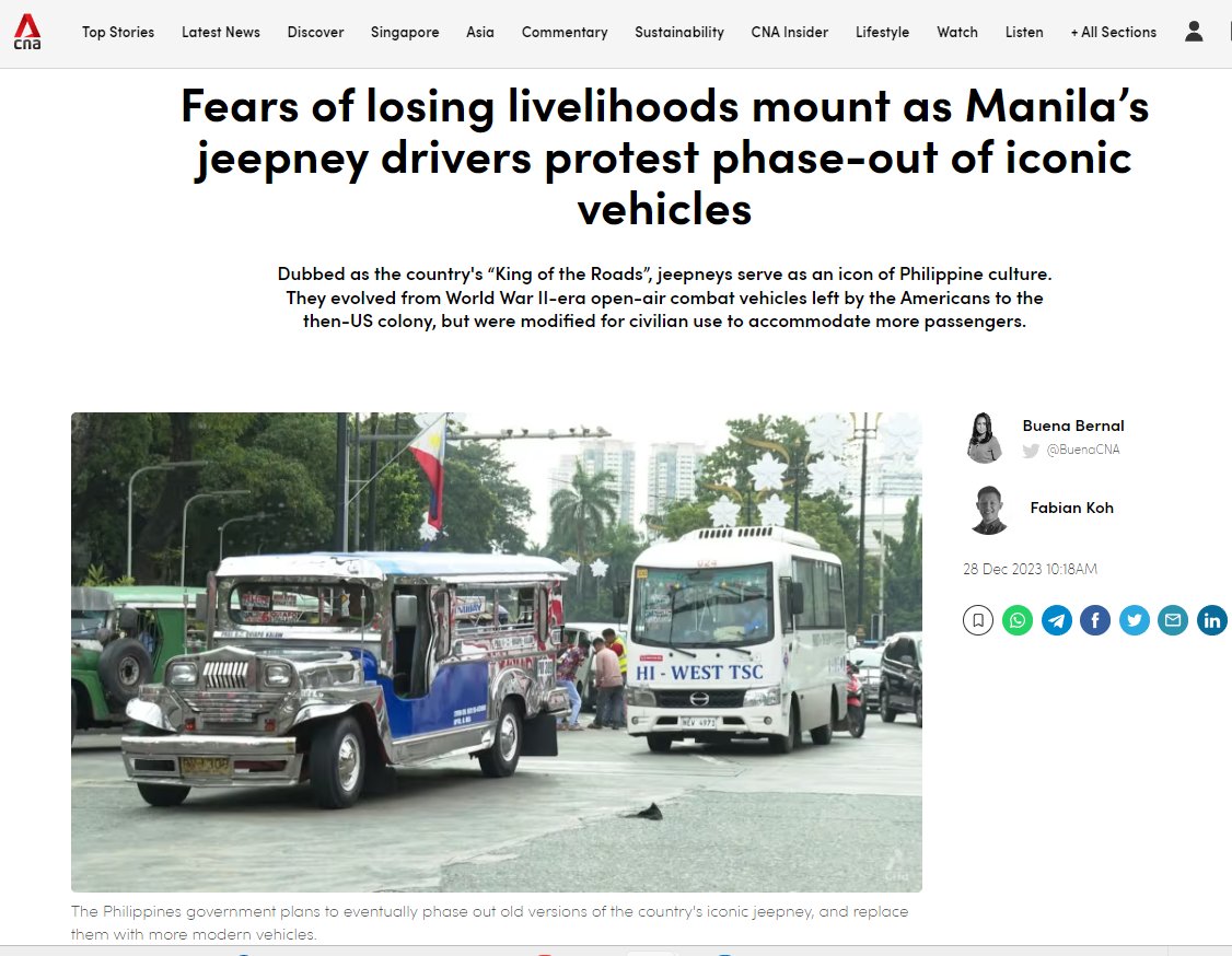 BuenaBernal's tweet photo. READ & WATCH: My text & TV story on the effect of the Dec 31 #consolidationdeadline of the #Philippines' #PUVmodernization, setting in motion the eventual #phaseout of older culturally iconic #jeepneys: https://t.co/mIfbAapfmR
1/2🧵⬇️ for link to my TV report
#jeepneyphaseout https://t.co/L2GO8GnuVj