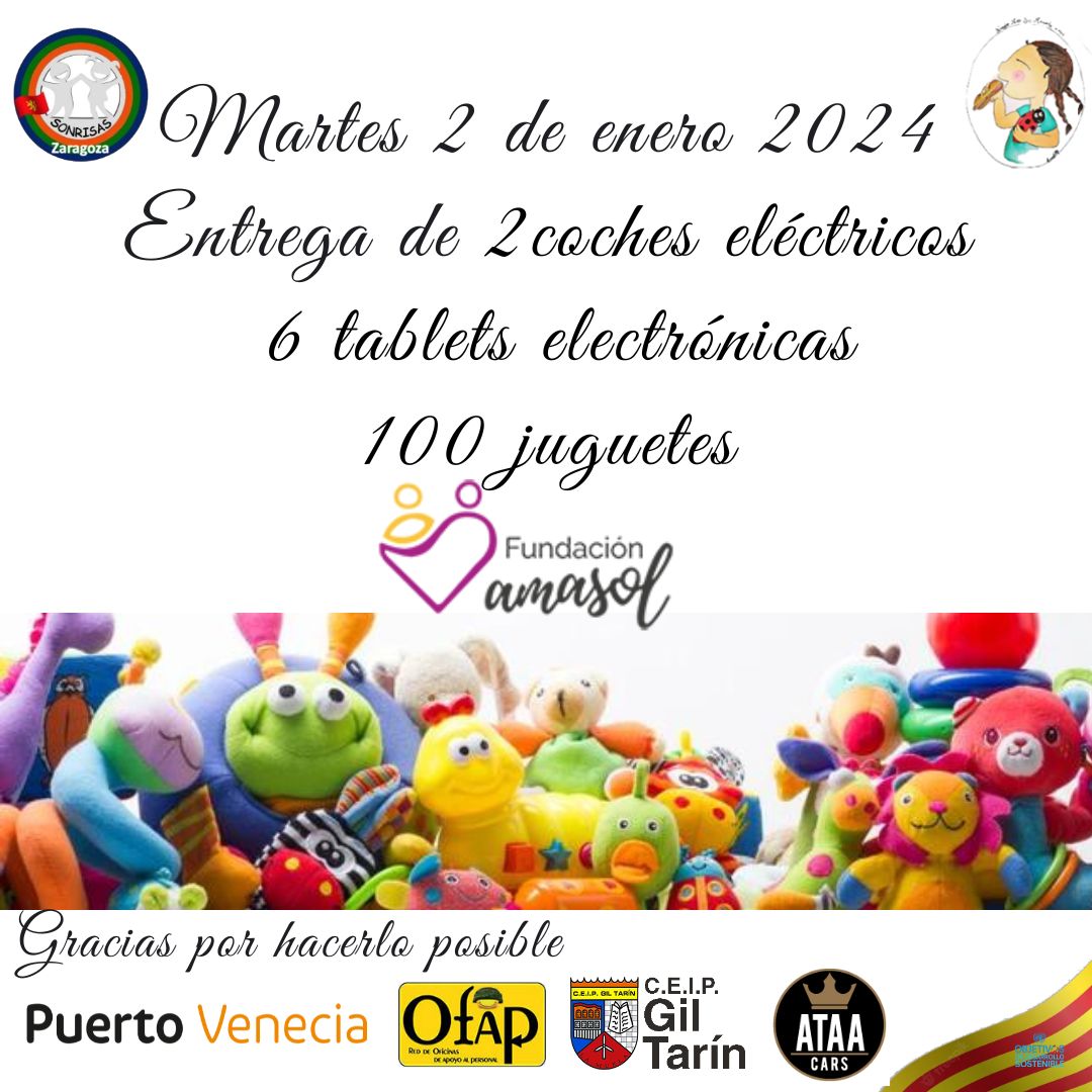 Asc_SONRISAS's tweet photo. Nos vemos el día 2 entregando unos detalles, juguetes, tablets, coches eléctricos a la #FundaciónAmasol
Gracias a todas las entidades por hacerlo posibe
@puertovenecia #OFAP #CeipGilTarín #Caar y entidades de @AytoLaMuela 💙💚🧡👑🎁❤️
@ningu_ninosin por hacerlo posible
#Navidad https://t.co/9EL62C46uG
