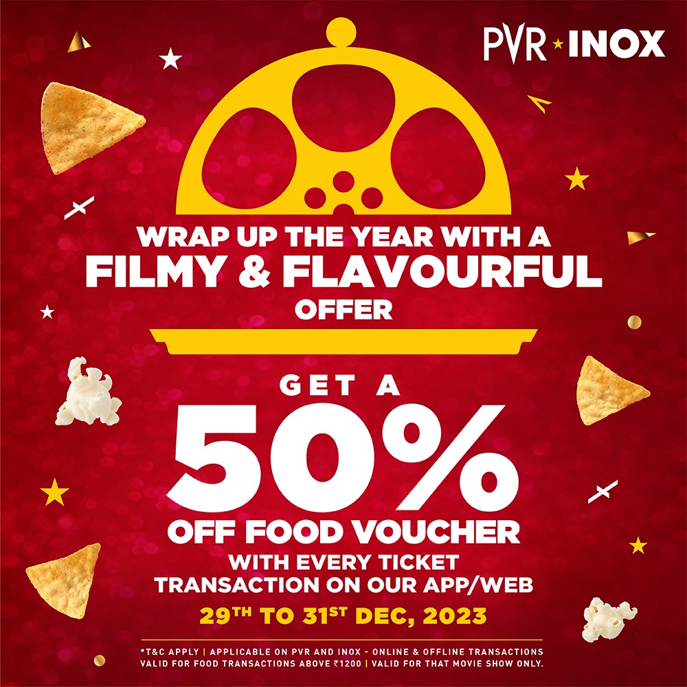 _PVRCinemas's tweet photo. Make it a star-studded farewell! Indulge in our filmy and flavorful offer to close the year with a taste of glamour! 🌟 Get a 50% off food voucher with every ticket transaction on our app/website from 29th to 31st December '23. 🎉
.
.
.
*T&Cs Apply 
#FoodOffer #Offer #Discount #Deal #PVRINOXOffer #FreeFoodVoucher #BookNow #AvailNow