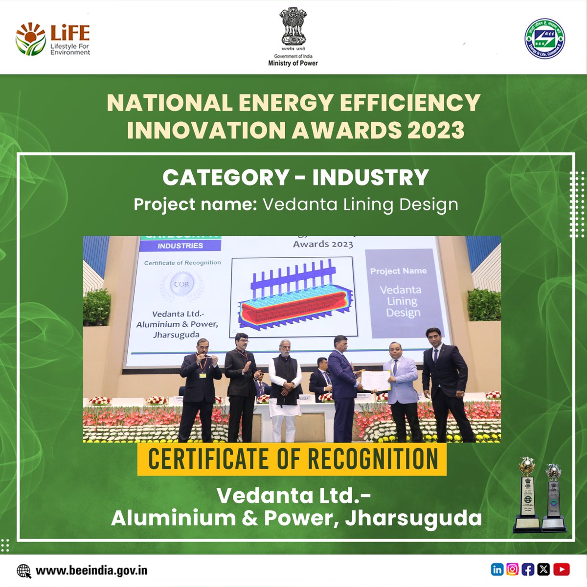 beeindiadigital's tweet photo. Congratulations to Vedanta Ltd. - Aluminium & Power, Jharsuguda for the Certificate of Recognition (COR) for its project- #Vendanta Lining Design under the Industry category of #NEEIA 2023. https://t.co/bVPuHxdo3c