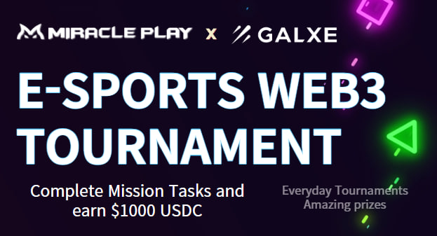 🚀Miracle Play Event🌟

🎉 Attention gamers! Get ready for an exciting opportunity with MiraclePlay, the ultimate E-SPORTS WEB3 Tournament platform.

🔗 Galxe: galxe.com/mQmZHZCuXfnx8t…

🔍 Your Mission:
1️⃣ Participate in our gaming tournaments on MiraclePlay.
2️⃣ Share your