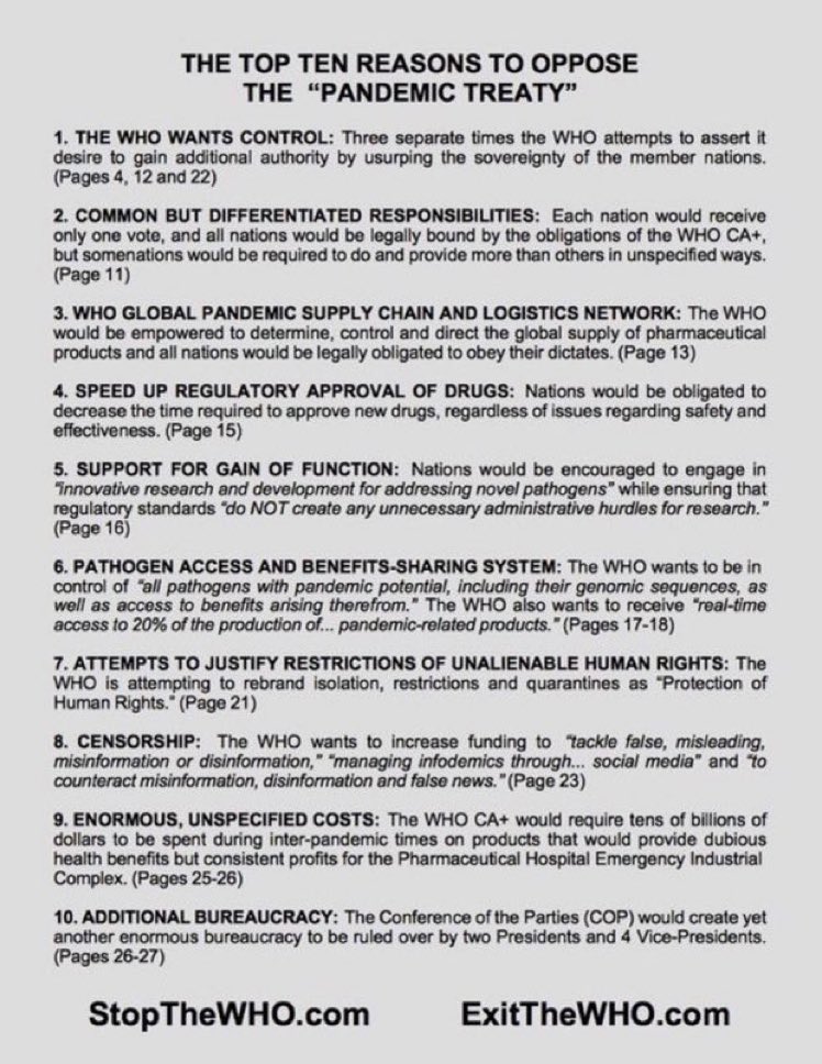 JamesMelville's tweet photo. The proposed WHO Pandemic Treaty (agreement target date of May 2024) usurps and supersedes the laws of 194 countries. Unelected technocrats should never ever decide sovereign public health policy. It is completely undemocratic and must be stopped.
#StopTheTreaty https://t.co/Mx8rJNpJYX