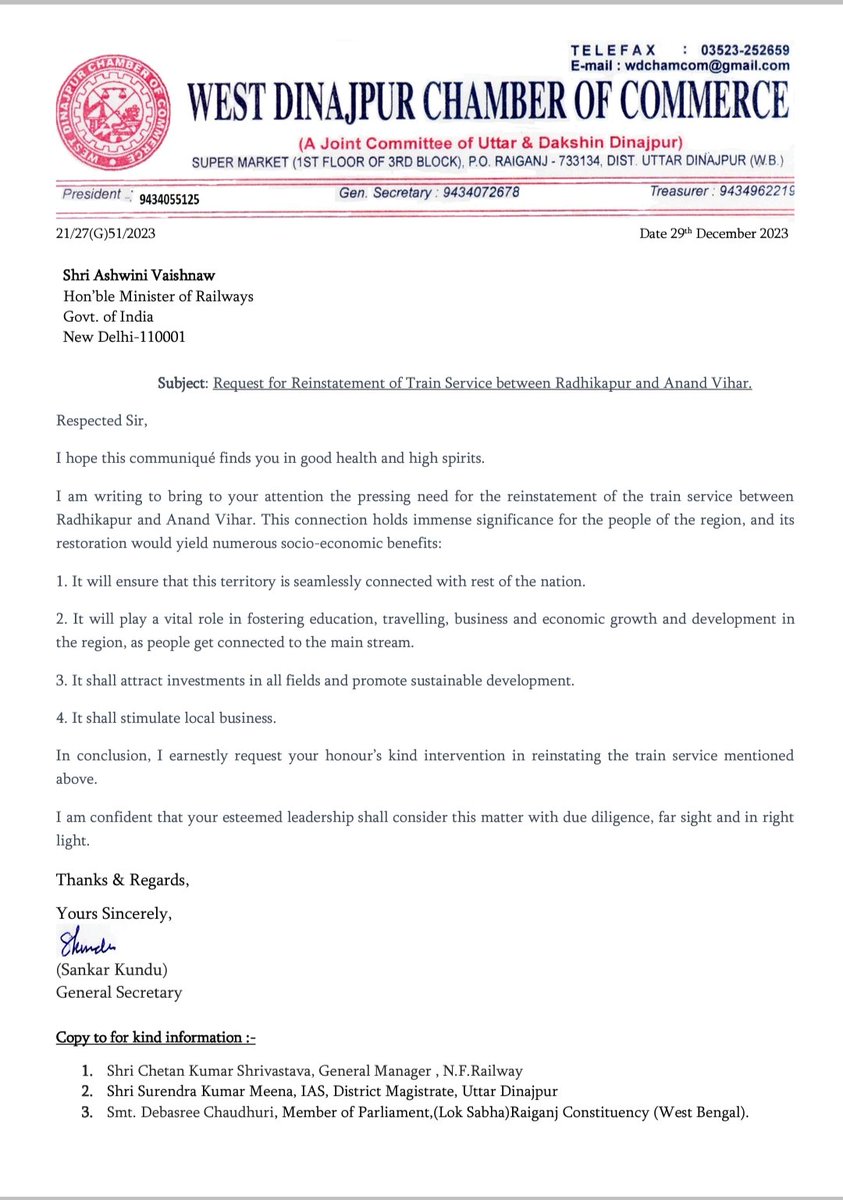 DinajpurOf's tweet photo. We@DinajpurOf appeal to @AshwiniVaishnaw Ji for your kind intervention in reinstating the Radhikapur-AnandVihar Train service for significant to the people of region. Rest. would be numerous socio-eco. benefit. Your esteemed leadership shall consider the matter with due Diligence https://t.co/AM332zobSM