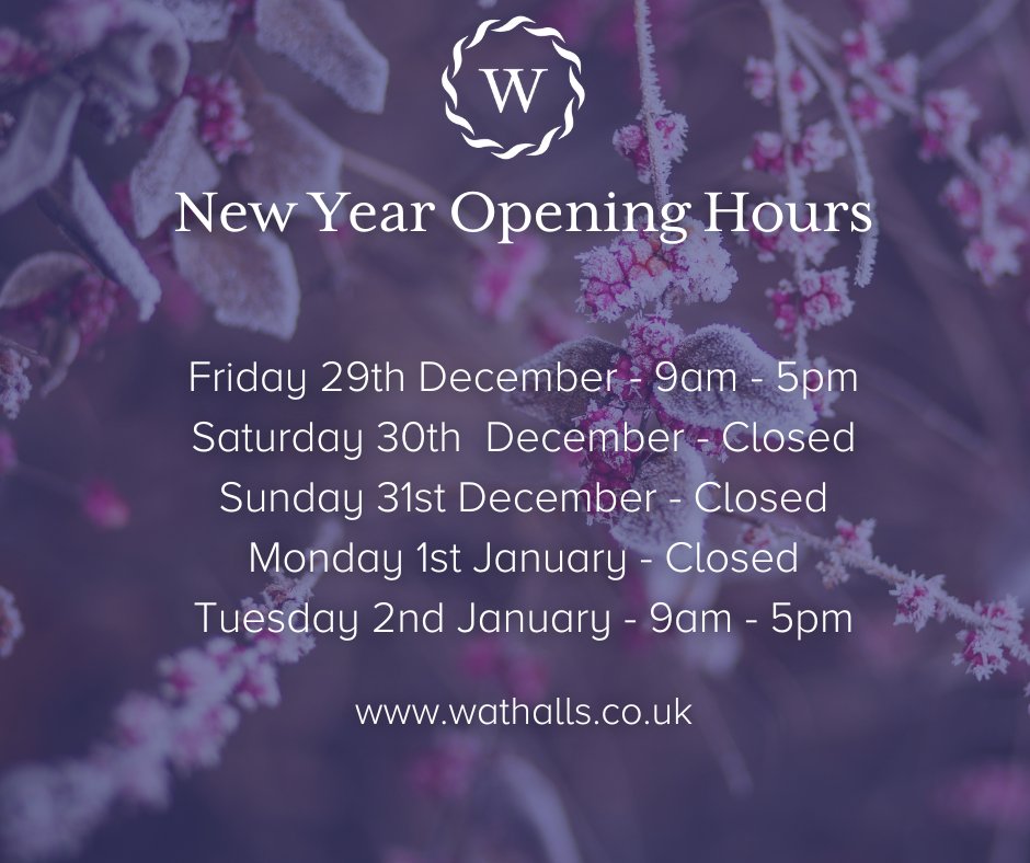 💜 New Year’s Opening Times 💜 Our branches are now closed and will reopen on Tuesday 2nd January at 9am. Although our doors may be closed, our phone lines will remain open 24 hours a day as always. wathalls.co.uk/contact-wathal…