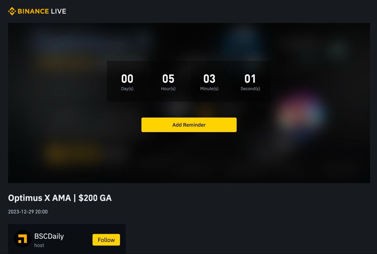 OptimusXToken's tweet image. 5 HOURS LEFT COUNTDOWN

🔸 AMA OPX x BSCDaily

@OptimusXToken will share information and OPX&apos;s upcoming plans in detail with the BSCDaily community and millions of users on the Binance Live platform

Binance Live room: binance.com/en/live/video?…
Time: 13:00 UTC Dec 29, 2023
Prize:…