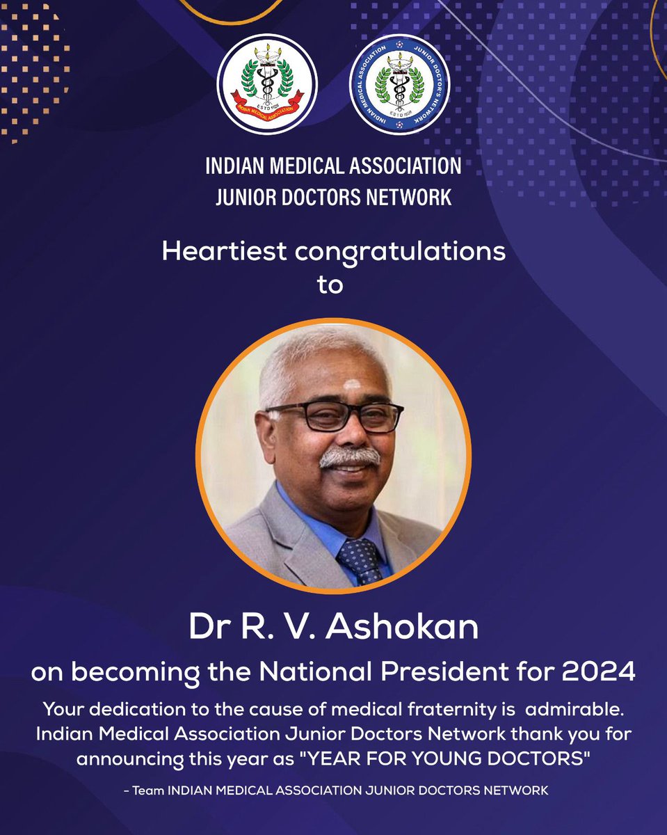 IMA JDN Congratulates Dr RV Asokan sir on taking charge of National President of The @IMAIndiaOrg. We are thankful to you for envisioning this year as 'Year for Young Doctors'.