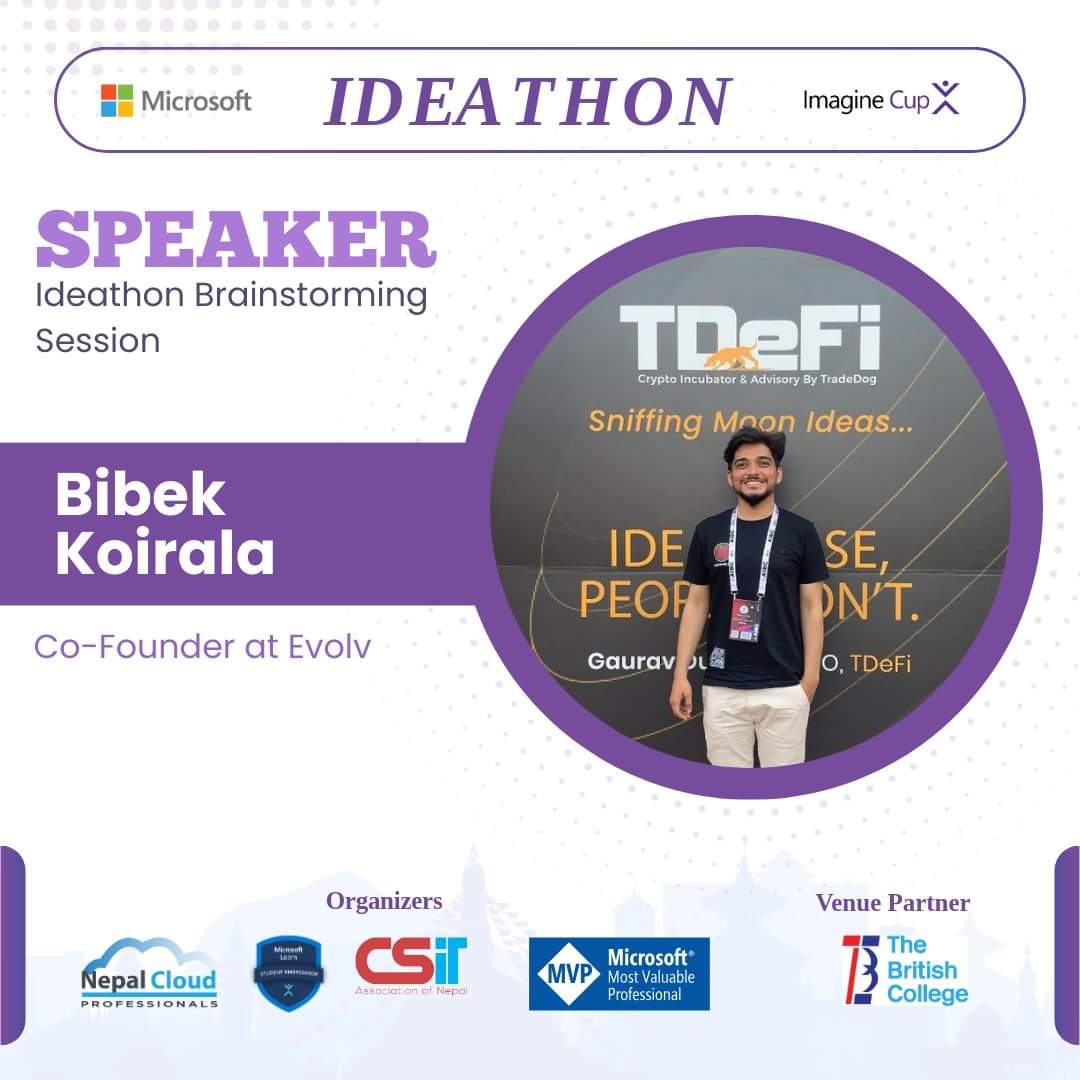 NepalCloudP's tweet photo. Speakers Announcement!
We have such a great line up of speakers at #Ideathon for #Microsoft #ImagineCup 2024 participants! 

#ImagineCup #ImagineCupNepal #Mentorship #NepalCloudPro #MLSA #CSITAN #TheBritishCollege https://t.co/rxlEU0iurZ