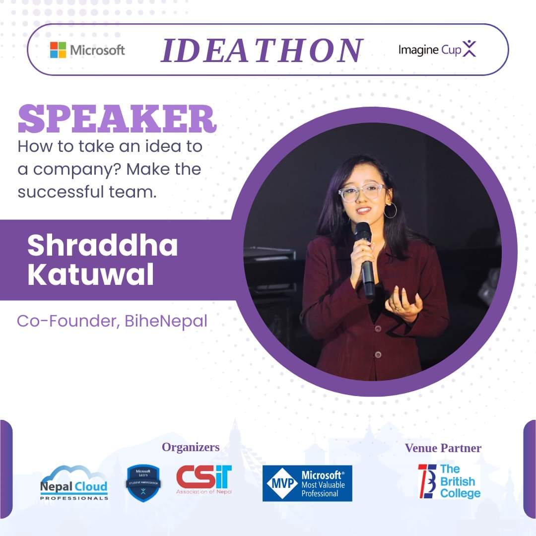 NepalCloudP's tweet photo. Speakers Announcement!
We have such a great line up of speakers at #Ideathon for #Microsoft #ImagineCup 2024 participants! 

#ImagineCup #ImagineCupNepal #Mentorship #NepalCloudPro #MLSA #CSITAN #TheBritishCollege https://t.co/r8G7h3B3jq