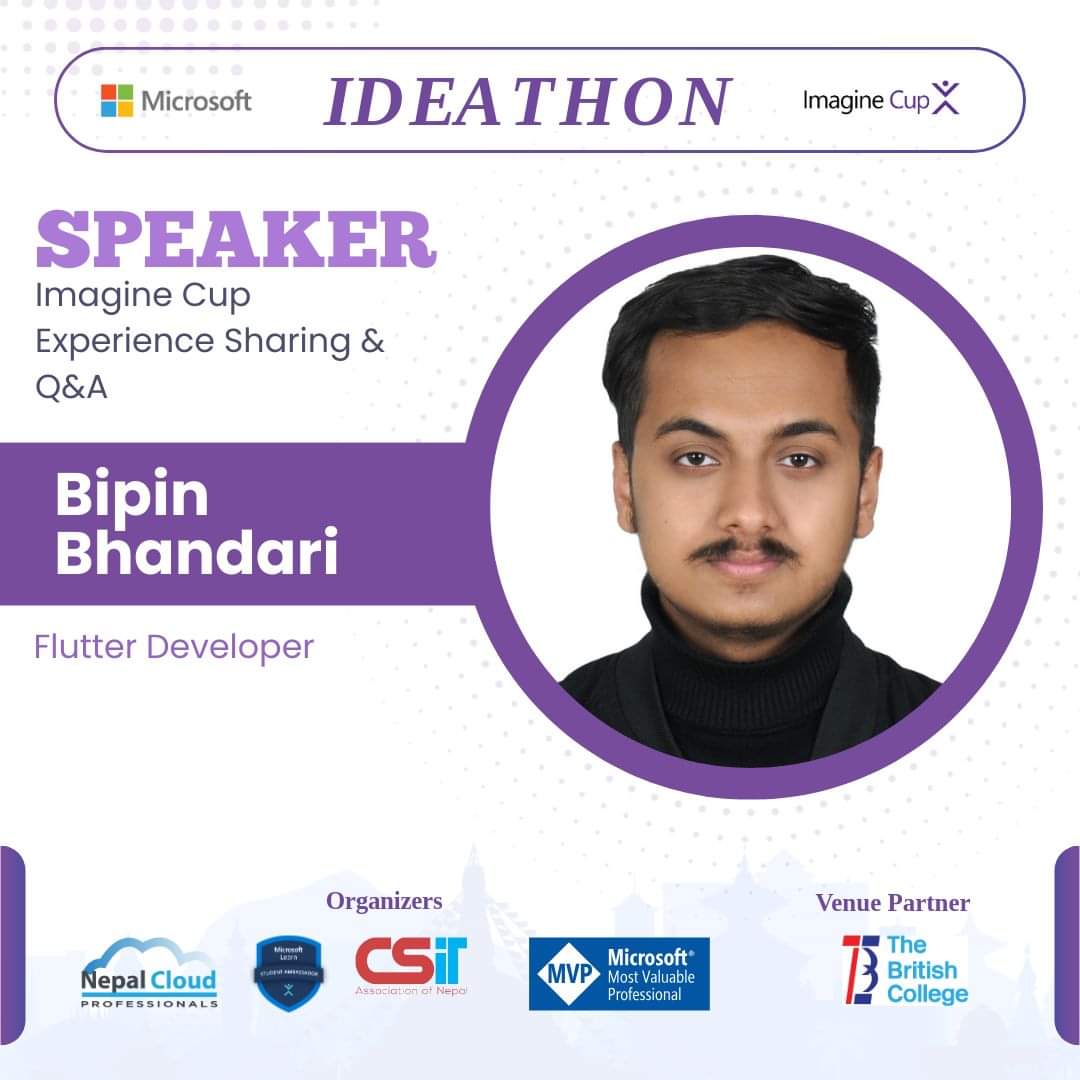 NepalCloudP's tweet photo. Speakers Announcement!
We have such a great line up of speakers at #Ideathon for #Microsoft #ImagineCup 2024 participants! 

#ImagineCup #ImagineCupNepal #Mentorship #NepalCloudPro #MLSA #CSITAN #TheBritishCollege https://t.co/r8G7h3B3jq