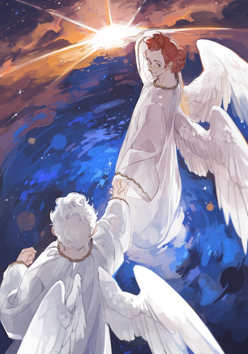 wings angel wings feathered wings robe white hair holding hands white robe  illustration images