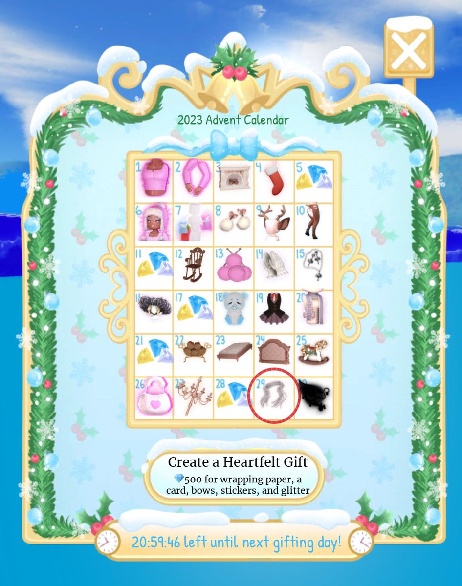 BiskatB's tweet photo. IM SO EXITED FOR THE SECRET ITEM I HOPE ITS GOOOD!! #royalehigh #advent #30decemner #secretitem #exited #glitterfrost #roblox #event #christmas https://t.co/qaRlrgEsTi