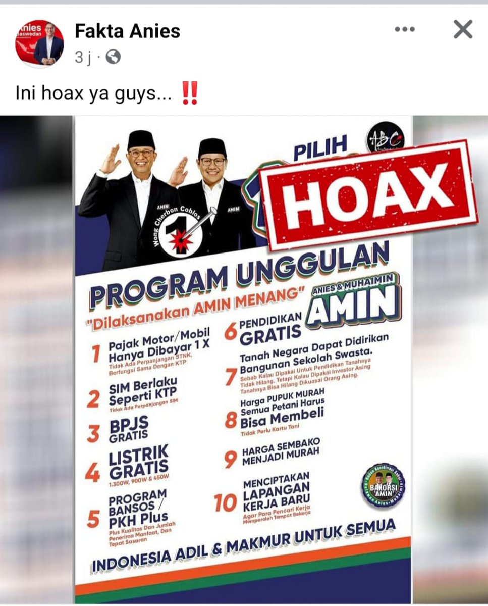 Ada yg dpt brosur ini? Ini jawaban dr Tom Lembong: Ibu-Bapak Captain/Co-Captains dan TimNas AMIN yth - ada kemungkinan grafik ini beredar luas, maka bila perlu klarifikasi / pernyataan resmi dari TimNas, silakan sampaikan pesan saya sebagai berikut:
(1) Grafik ini kesan saya