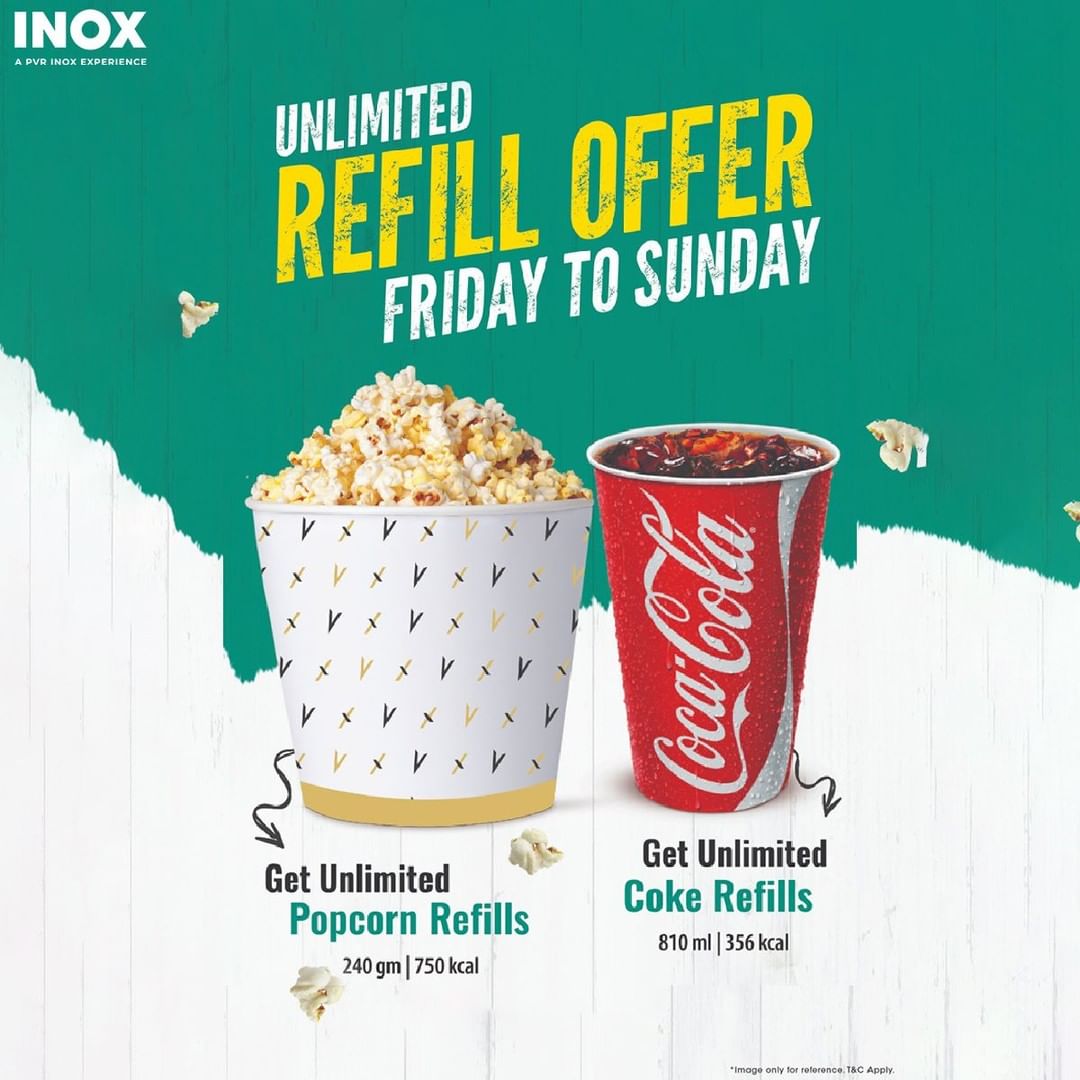 INOXMovies's tweet photo. Enjoy a delightful cinematic experience this weekend at your nearest #INOX theater! Indulge in unlimited servings of popcorn and tasty Coca-Cola treats from Friday to Sunday. ๐ T&C* apply.
#WeekendMovieFiesta #INOXDeals #EndlessSnacking #CinematicBliss #ExclusiveWeekendExperience #SavorTheMovieMagic #SpecialOffer #UnmissableDeals