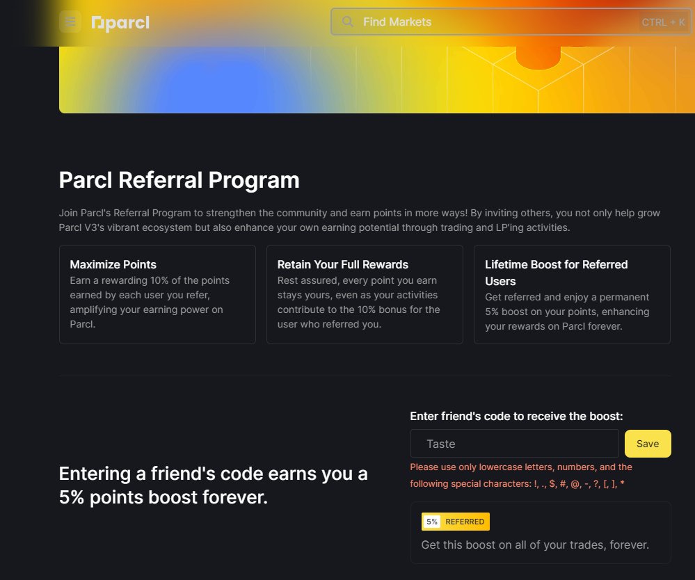 AIRDROP ALPHA

Instructions:

 1) Go to app.parcl.co  
2) connect your wallet 
3) In the points section, make sure you activate your points account (you won’t accumulate points if you don’t do this)  
4) Under referrals use the code ‘Taste’ to earn a 5% lifetime boost