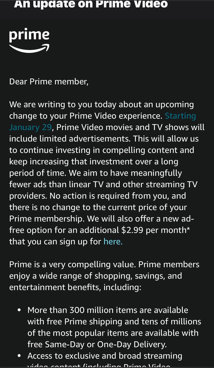 imajineer's tweet photo. @amazon wtf? First you hike up the annual fee for Prime and now want to give less for that $ and are NOW asking for even more $ to give customers what they’ve always had? Why not offer a cheaper membership with ads? WE ALLLLL KNOW @AMAZON DOESNT NEED MORE $! #shameonyou https://t.co/XGfNezF4X5