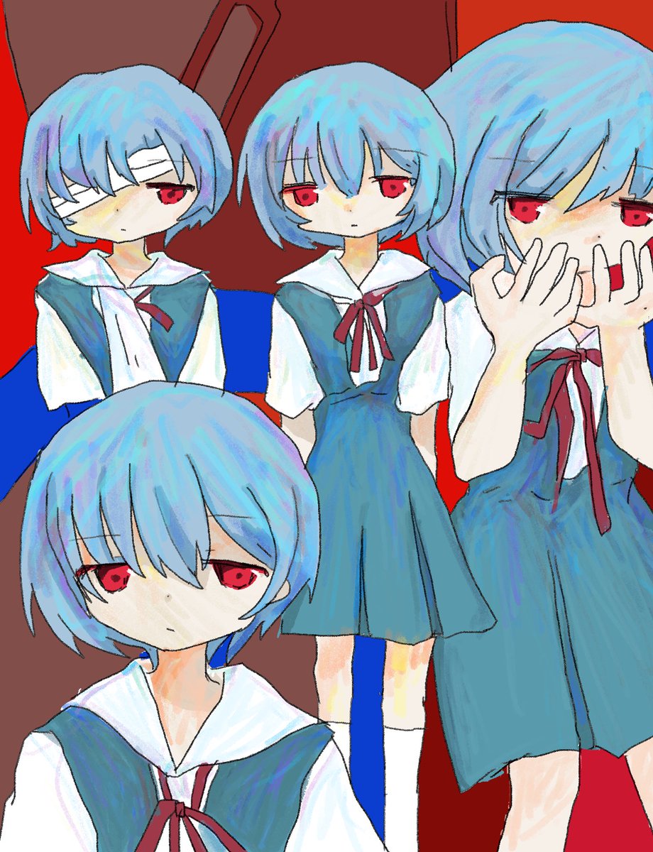 ayanami rei red eyes blue hair school uniform tokyo-3 middle school uniform short hair 1girl bandages  illustration images