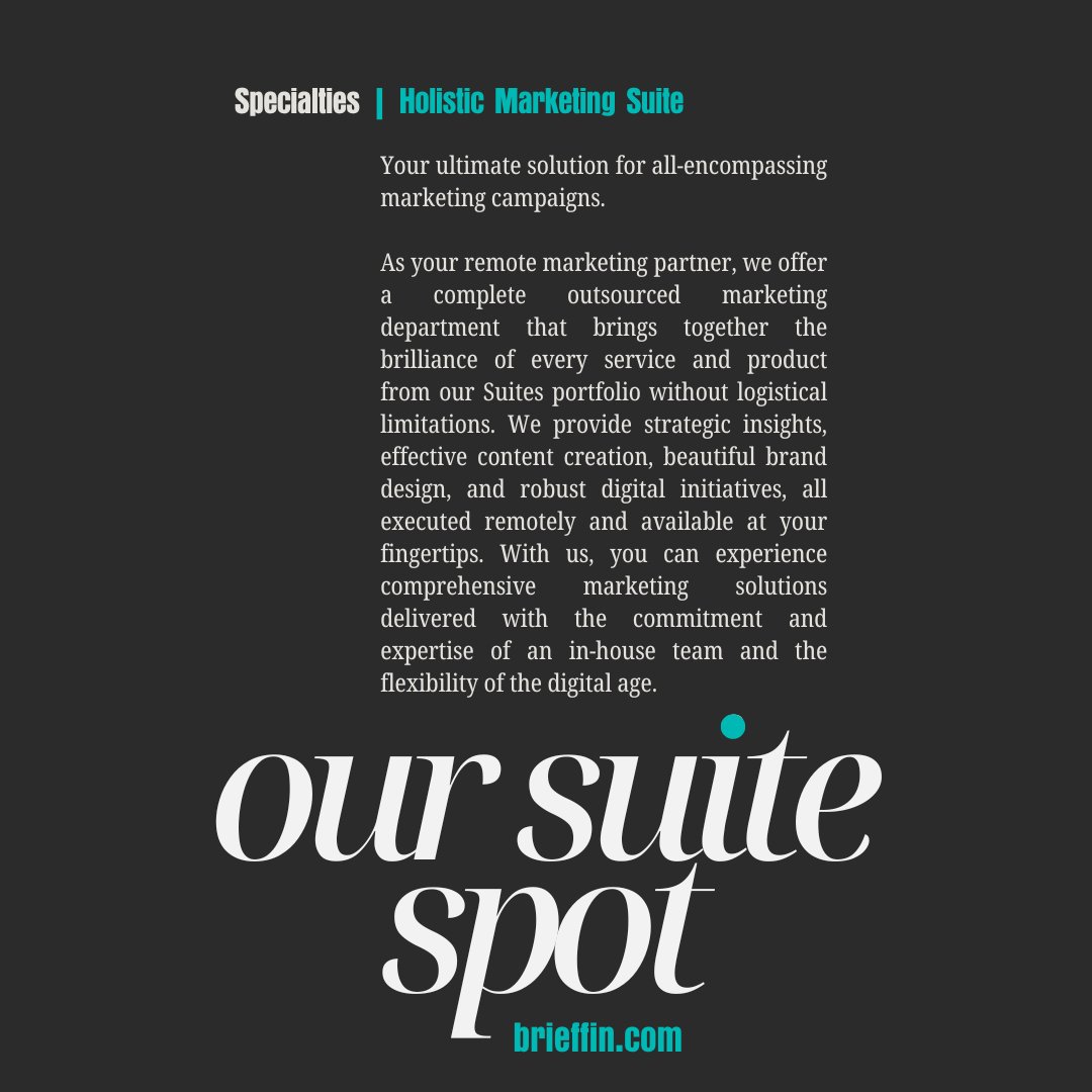 Our Holistic Marketing Suite: Amplifying Your Brand's Journey.

Get everything you need from strategic insights to effective #contentcreation, #branddesign, and #digitalinitiatives—all executed remotely and at your fingertips.

Learn more here bit.ly/4ai3FBH

#marketing