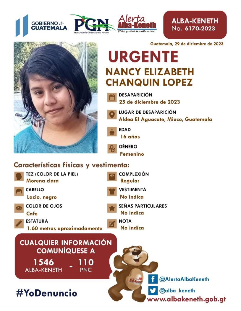#AlertaAlbaKeneth ⚠️| Nancy Elizabeth Chanquín López, de 16 años de edad. Desapareció el 25 de diciembre de 2023, en Aldea El Aguacate, Mixco, Guatemala.  

🔄Comparte y ayúdanos con su localización. 
📞Si tienes información llama al 1546.