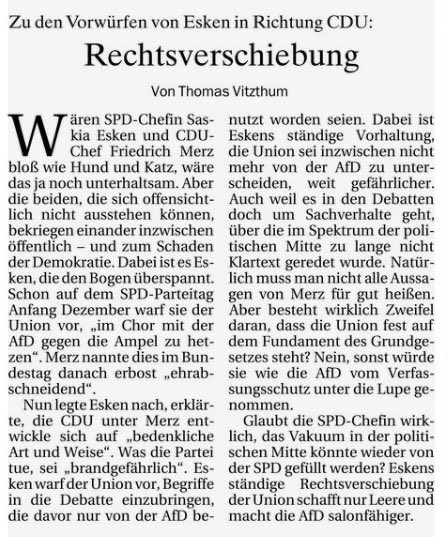 Die Vorwürfe von @EskenSaskia gg @_FriedrichMerz sind falsch u ehrabschneidend. Sie sind der Versuch, den Korridor politischer Debatten zu verengen u nach links zu verschieben. Konservative Politik soll mit AfD gleichgesetzt und so delegitimiert werden. Schäbig u brandgefährlich.