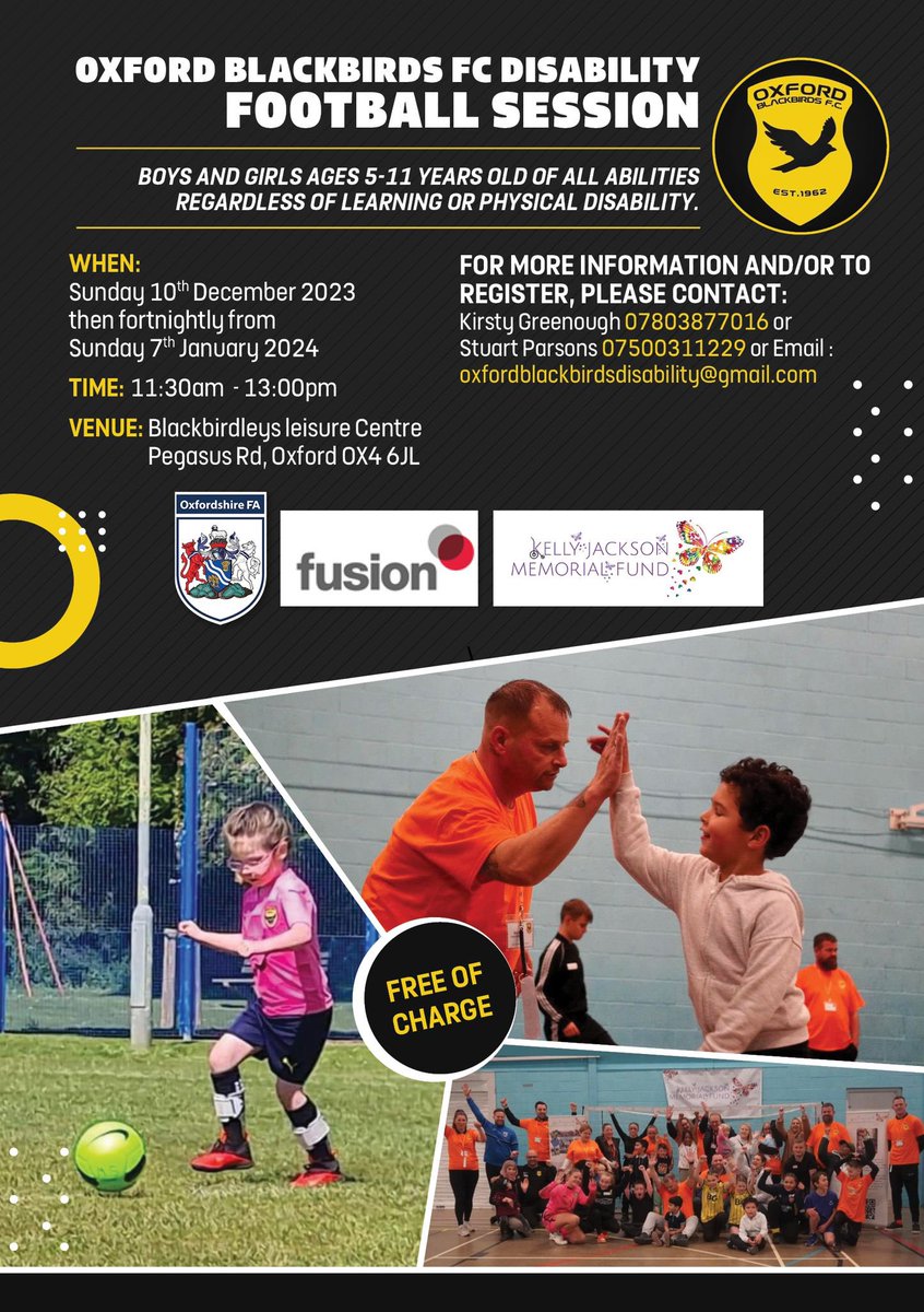 Oxford Blackbirds FC (@oxblackbirds) on Twitter photo Blackbirds Disability Football returns on Sunday 7th January
Sessions are 11:00-13:30 at <a href="/LeysPools/">Leys Pools and Leisure Centre</a>.
#OxfordBlackbirds
#BlackbirdsFamily
#BlackbirdsDisabilityFootball
#FootballForAll
#InclusiveFootball
#KellyJacksonMemorialFund #KJMF
#Oxford #Oxfordshire
🖤🧡🐦⬛⚽️🦋💜🩵 Blackbirds Disability Football returns on Sunday 7th January
Sessions are 11:00-13:30 at <a href="/LeysPools/">Leys Pools and Leisure Centre</a>.
#OxfordBlackbirds
#BlackbirdsFamily
#BlackbirdsDisabilityFootball
#FootballForAll
#InclusiveFootball
#KellyJacksonMemorialFund #KJMF
#Oxford #Oxfordshire
🖤🧡🐦⬛⚽️🦋💜🩵
