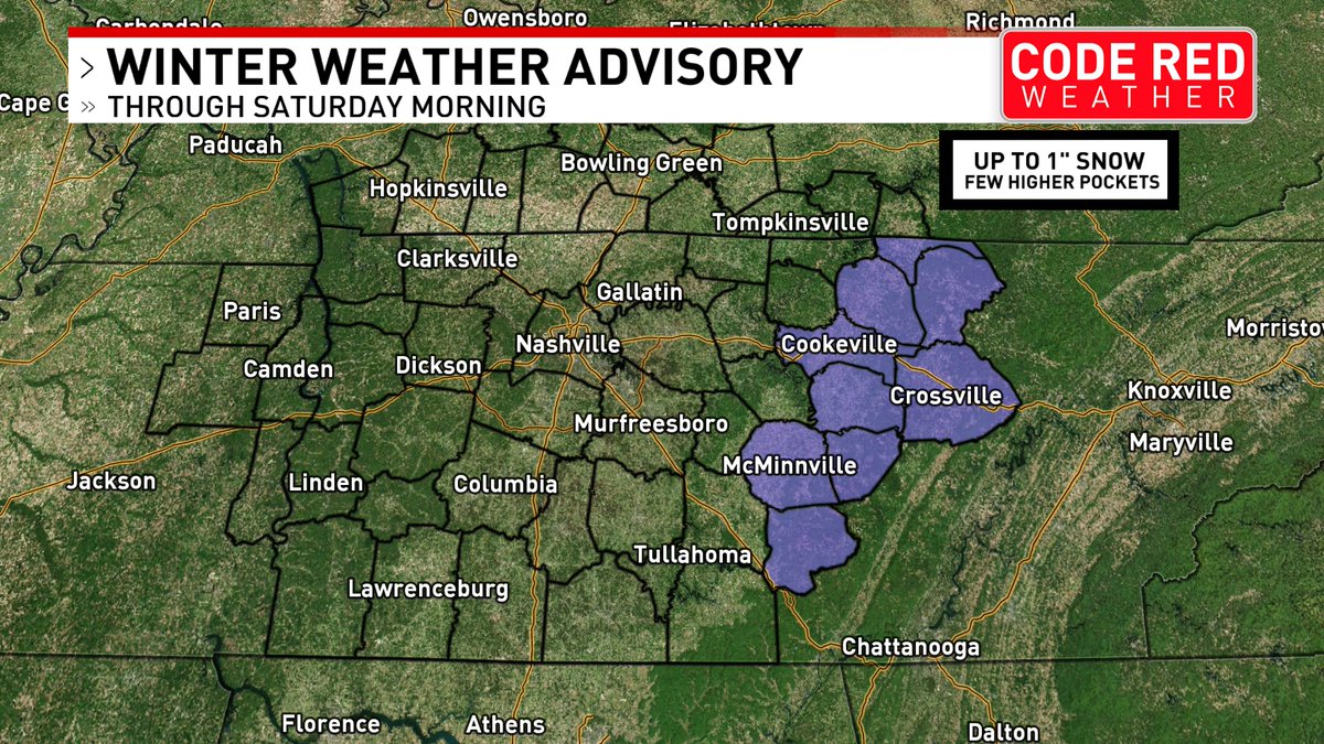 katymorganwx's tweet photo. Winter weather advisory has been issued for parts of the Plateau.  Up to 1" of snow possible through Saturday morning (with most of that coming tonight) Could see a few pockets up to 2" in high elevations.
@foxnashville #tnwx https://t.co/9SGZlGkg15