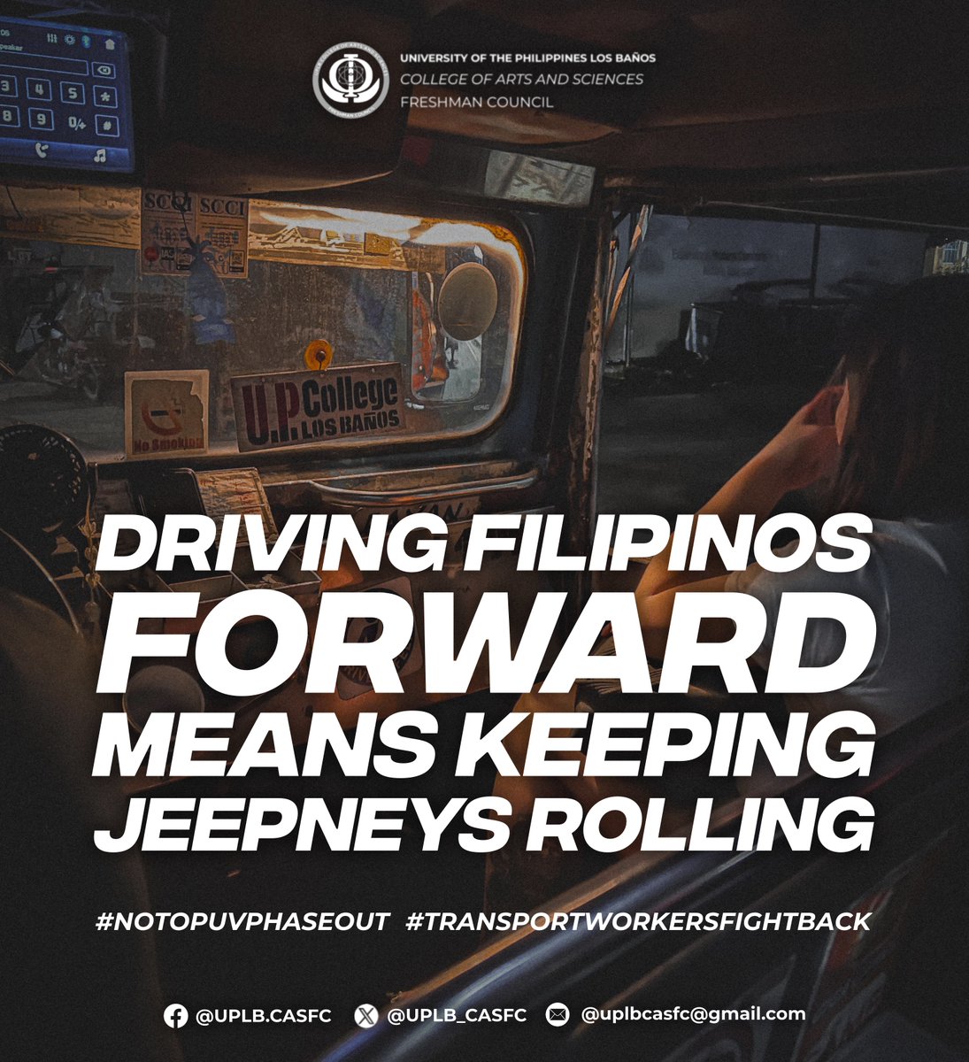 uplbcasfc's tweet photo. Driving Filipinos forward hinges upon recognizing jeepneys' irreplaceable role in commuters' lives and drivers' livelihoods.
#NoToPUVPhaseout
#TransportWorkersFightBack
#CASFC https://t.co/vrONLX1e74