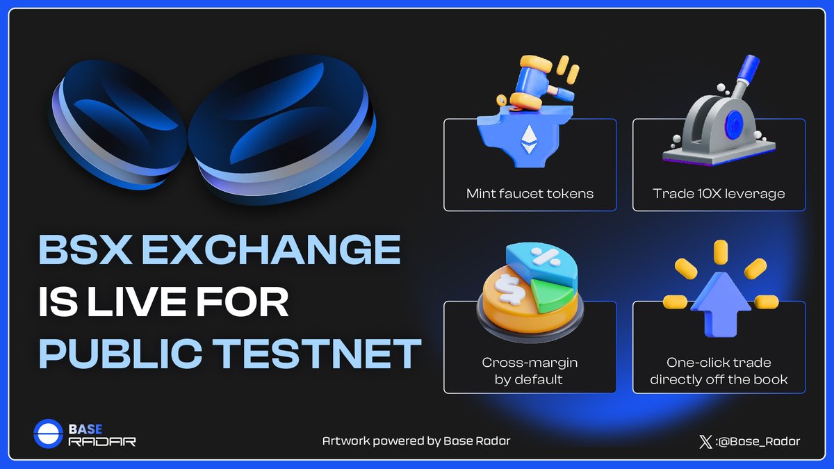 Base_Radar_'s tweet photo. Attention #Base lovers!
๐ฅ @bsx_labs DEX has launched its Public Testnet.
This marks a major milestone for #BSX as we close out 2023. The testnet will be up and running until January 2024 ๐
Don't miss your chance to experience it firsthand!
#BaseRadar #Base #DEX https://t.co/hlo5tZN2SQ