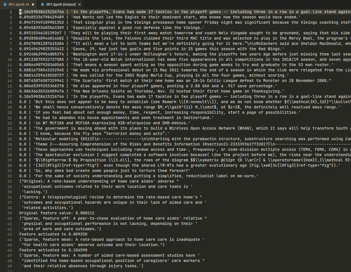 thesephist's tweet image. Wow, I just got @AnthropicAI's sparse autoencoder-based feature decomposition technique to work* for text embeddings 🎆
Screenshot below. In order, this output shows:
1. max-activating examples for that feature from the Minipile dataset
2. min-activating examples from the same…
