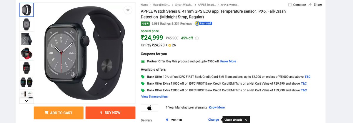 stufflistings's tweet photo. Apple Watch Series 8 selling for ₹24999 on Flipkart 👀 https://t.co/XkKQAYZTsK