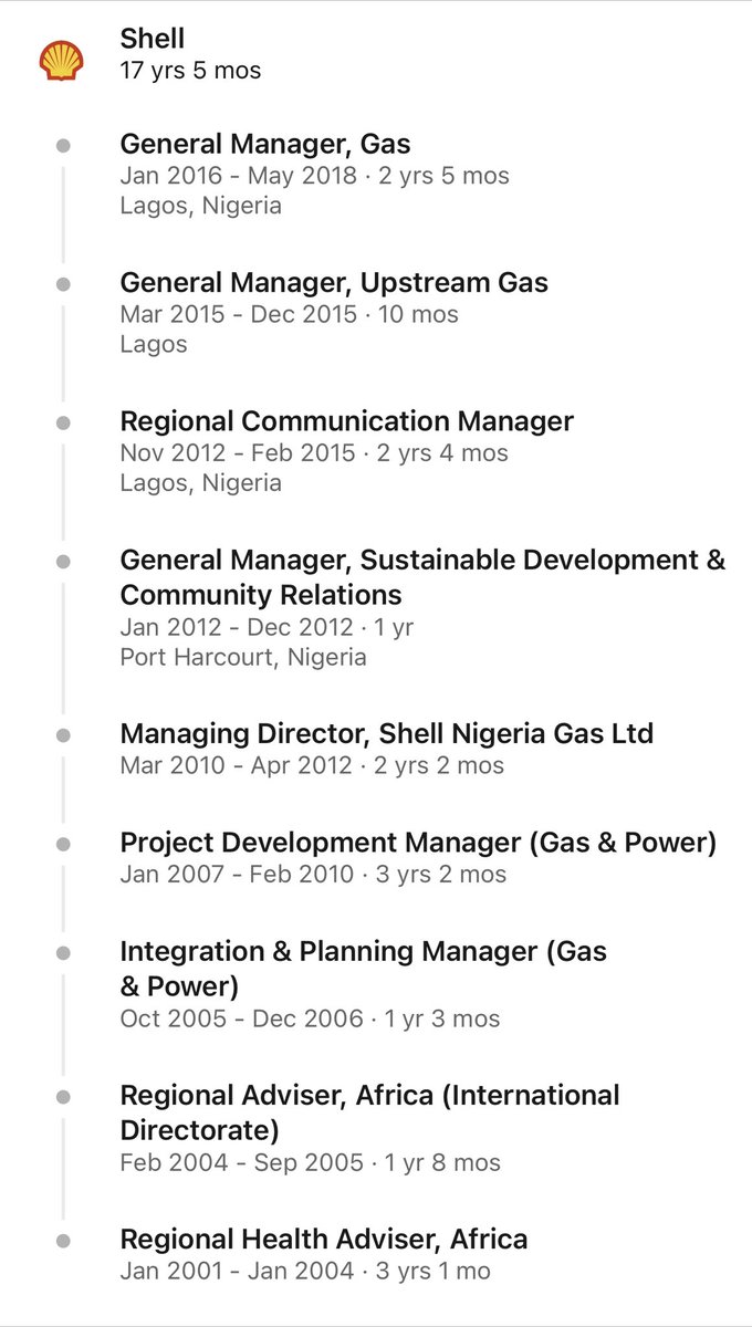 SirJarus's tweet photo. Career case study

Dr. Philip Mshelbila 
CEO of NLNG (secondment from Shell, also one of the 3 highest ranking Nigerians in Shell Nigeria) 

- studied medicine in ABU

-  joined NNPC as medical officer at entry level

- moved to NOLCHEM (now CONOIL) as medical officer

- moved to HSE within NOLCHEM

- moved to Shell as Health Adviser 

- after 14 years in health roles in oil & gas (NNPC, NOLCHEM, Shell), he moved from support function (health) to core business function (gas commercial) 

- within 5 years of joining gas business, became MD of one of Shell subsidiaries (SNG)

- returned to support functions (community relations, communications) 

- returned to gas as GM 

- seconded on foreign assignment in Trinidad & Tobago as CEO of Atlantic LNG (Nigeria’s equivalent of NLNG in T&T, jointly owned by Shell, BP & T&T government)

- returned to Nigeria and seconded to NLNG as CEO by Shell. 

He did MBA along the line. 

Other things not glaring from the LinkedIn profile

- he is a great communicator
- he has excellent people relations 

Question: What are the career lessons or observations you see from this man’s trajectory? 

Bonus advice: I highly recommend following and studying successful professionals’ trajectory on LinkedIn as a young professional.