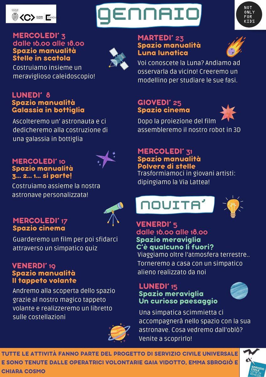 cultve's tweet photo. A #NotOnlyForKids gli #SpaziCreatività continuano con delle novità...
Da gennaio arrivano gli #SpaziMeraviglia per bambini e bambine dai 5 ai 7 anni!!!
Tante nuove attività per divertirsi insieme e scoprire le bellezze della nostra galassia!
Ecco qui sotto la locandina... vi aspettiamo nei nostri spazi Ludolab del 3° piano qui al #CentroCandiani
INFO 👇
https://t.co/wpjH4liqvQ
@comunevenezia @CMVenezia @veneziaunica