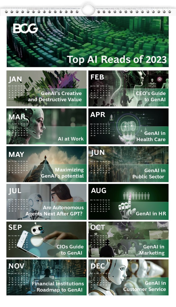 BCG's tweet photo. 💡 Ignite your 2024 with a revolution of thought. Here are 2023’s most grounding AI articles to help you along. #BCGonAI
📅 Jan: https://t.co/553IwERj0y
👔 Feb: https://t.co/jr3R5zmkA6
💼 Mar: https://t.co/5GVEOmnCpZ
🏥 Apr: https://t.co/MFFdKClR3M
📈 May: https://t.co/ooC4CfFMJJ
🏛️ Jun: https://t.co/qBPrSMt6Oc
🤖 Jul: https://t.co/QgodK2qBHm
👥 Aug: https://t.co/ZFPpOV6Pr4
💻 Sep: https://t.co/eVaAaFUy3H
🎯 Oct: https://t.co/85kTWIVlkX
💰 Nov: https://t.co/y7Hn4DuVzb
📞 Dec: https://t.co/4QDUEjU0Sa