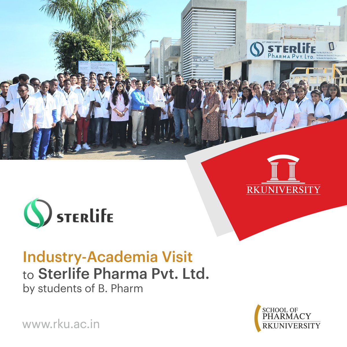 School of Pharmacy, RK University organised an industry-academia visit to Sterlife Pharma Pvt. Ltd. Students learned about manufacturing processes of primary formulations such as tablets and capsules.

#rku #sterlifepharma #pharmacy #pharma #schoolofpharmacy #India #rkuniversity