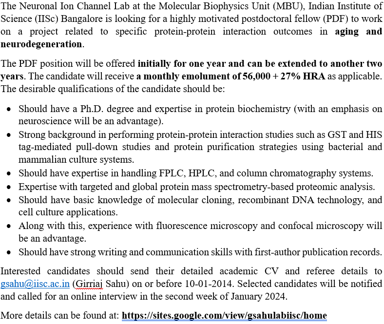 If you are an enthusiastic postdoc fellow with primary expertise in protein-protein interaction and mass spectrometry-based proteomic analysis, contact us at MBU, IISc Bangalore.

More details can be found at: sites.google.com/view/gsahulabi…

<a href="/iiscbangalore/">IISc Bangalore</a> #postdoc #Jobs #research