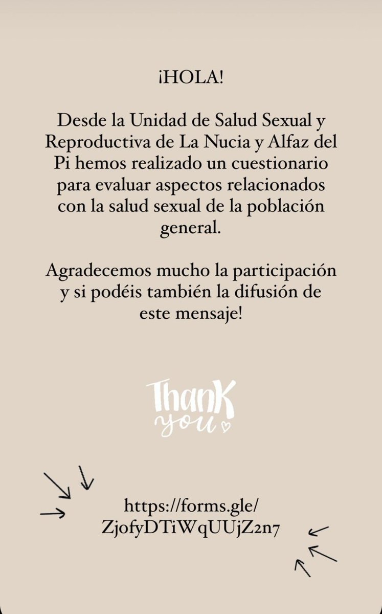 Desde la Unidad de Salud Sexual y Reproductiva de La Nucía y Alfaz del Pi estamos realizando un cuestionario sobre salud sexual en población general.
No se tarda más de 10 min en cumplimentar y agradeceremos mucho la participación y difusión. Mil gracias.
forms.gle/ZjofyDTiWqUUjZ…