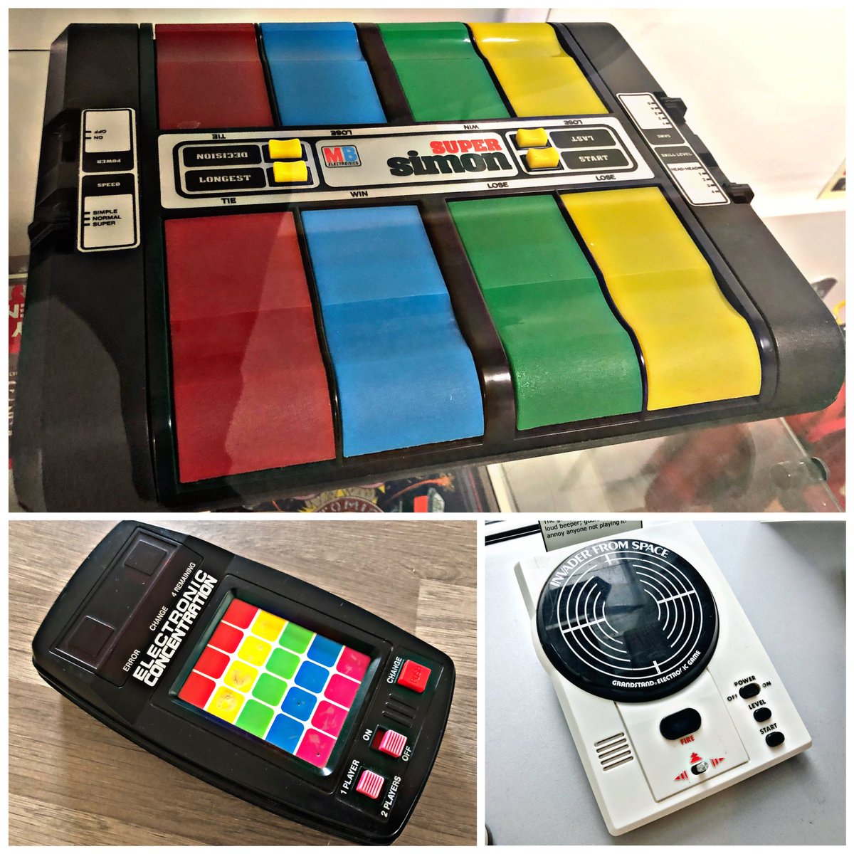 SWRetroComp's tweet photo. Today’s #RetroTrio offers you #ElectronicConcentration, #InvaderFromSpace and #SuperSimon. Which will you keep, gift to a friend and delete forever? #RetroComputing #ComputerHistory #RetroGaming #VideoGames https://t.co/Jp64acsCt3