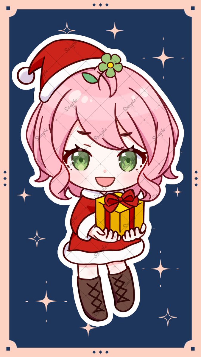 1girl pink hair hat solo gift green eyes santa hat  illustration images