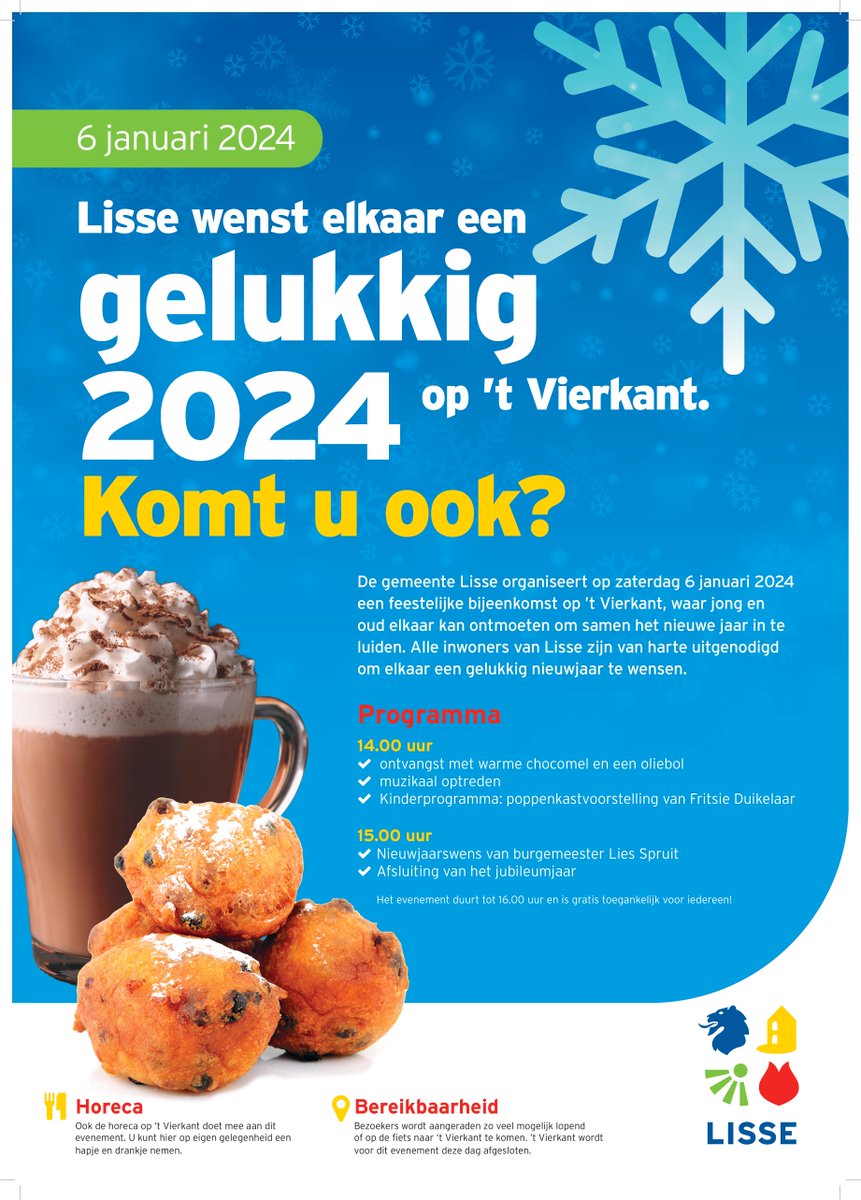Ben je erbij op 6 januari op ’t Vierkant? 🥂🍾 Jong en oud ontmoet elkaar om samen het nieuwe jaar in te luiden ✳️ Kom vanaf 14.00 uur gezellig een oliebol en warme chocomel halen. Tot dan!