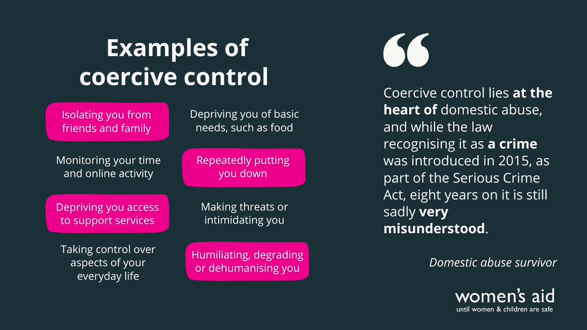 Today marks 8 years since #CoerciveControl was criminalised, but despite how rife it is in our society and how utterly damaging, still only a minority of survivors see justice being done. Know the signs and help us do more to hold perpetrators to account: womensaid.org.uk/criminalisatio…