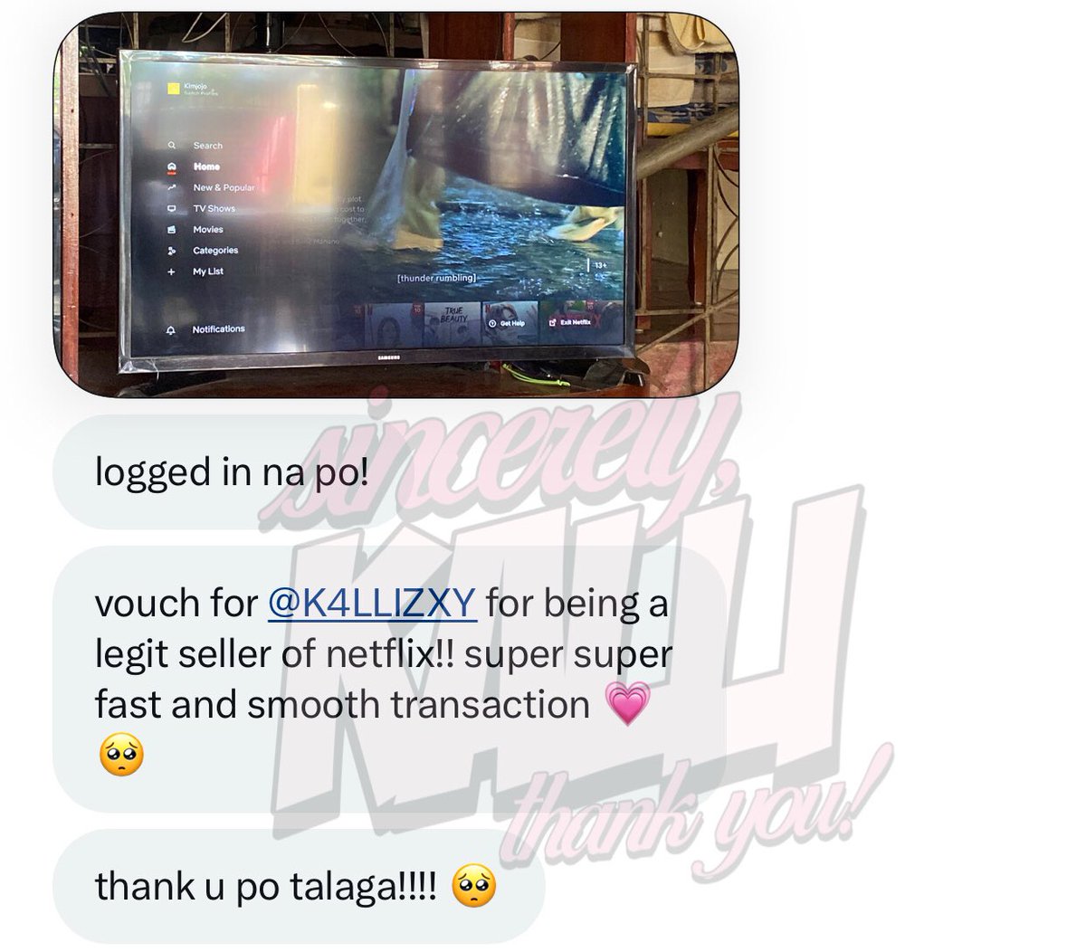 K4LLIZXY's tweet photo. [ #K4LLIV0UCH — 🍧 ]
(2) 1m netflix gc solo profile • 3m netflix rvisa solo profile, sold! 🎀 thank you so much for trusting us! ✨ https://t.co/ux8QGTT96Z