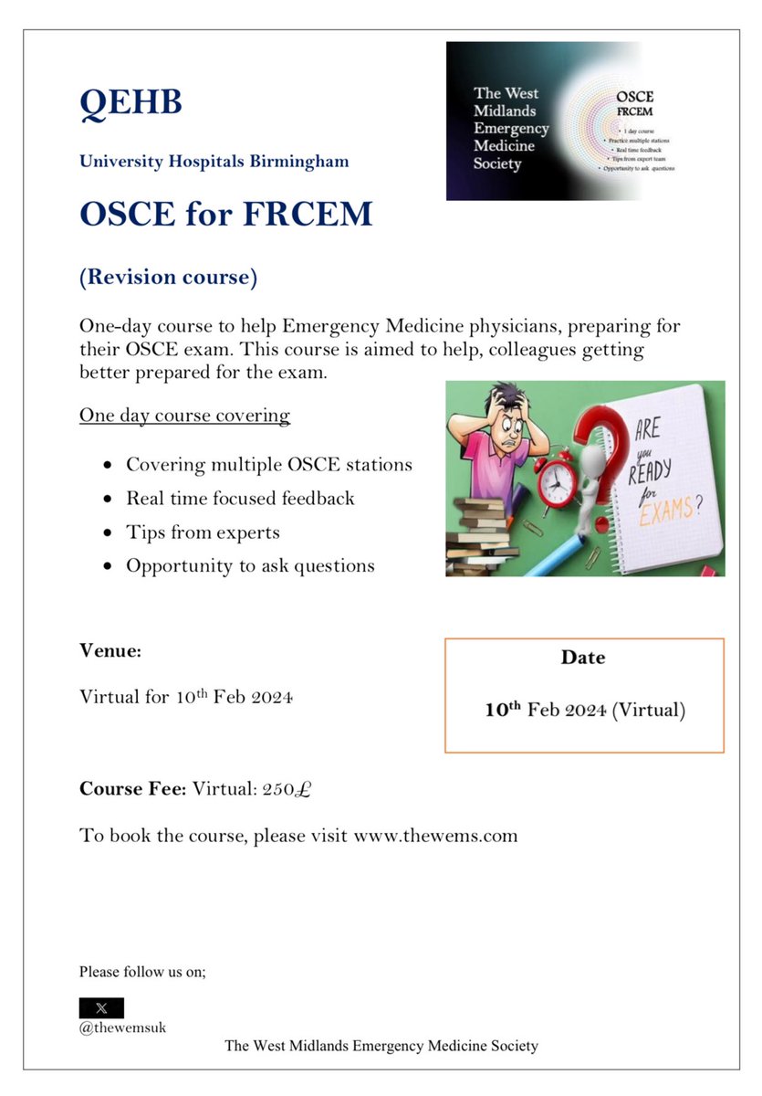 thewemsuk's tweet photo. We are please to announce we are running the FRCEM OSCE course on 10th Feb, virtual event, please join us @RCEMLearning @bob_jarman @EMregistrar2022 @MerseyEMtrainee @UK_EMTrainee @StratEMtraining @emtrainingspain @muz_hashmi @teenice007 @jiconnoly https://t.co/MKQfuMooRw