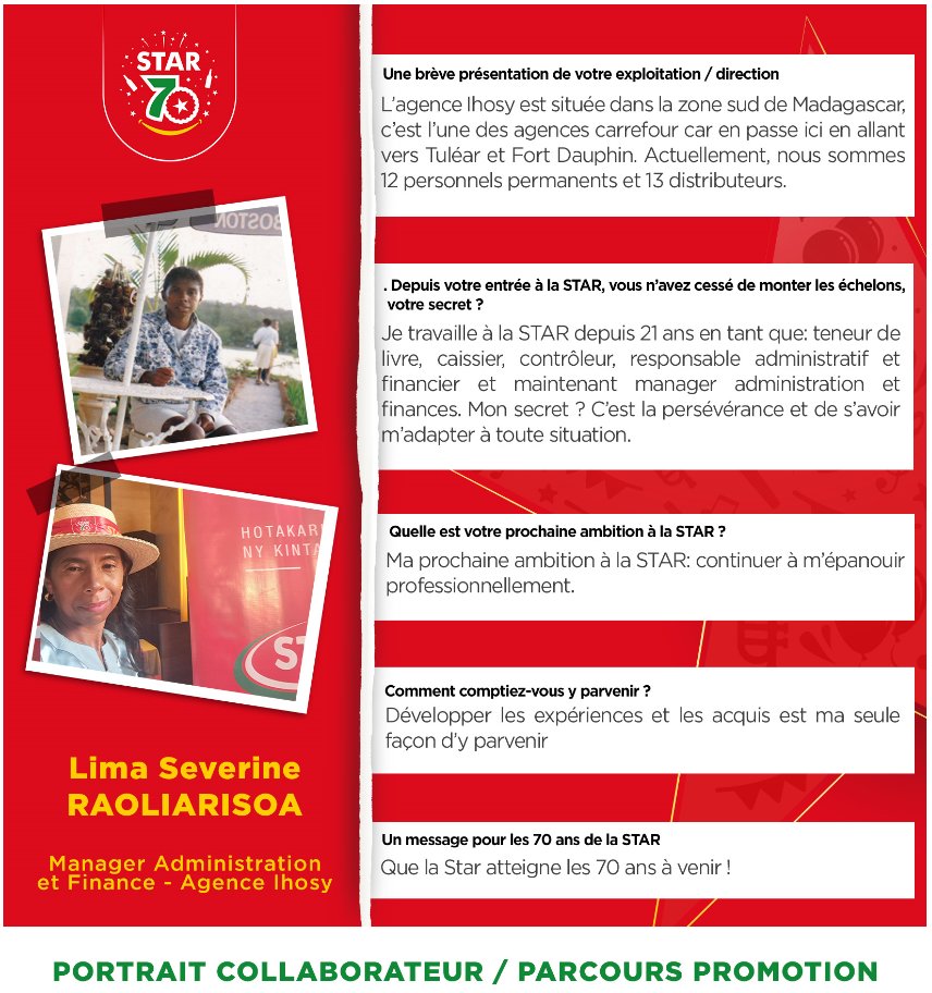 star_mdg's tweet photo. ⭐ Aujourd'hui, nous mettons en lumière Lima Severine RAOLIARISOA, Manager Administration et Finances au sein de l'agence Ihosy.
👉 Sa vision à venir consiste à poursuivre son épanouissement professionnel.
#star #STAR70ans #EnsembleVisonslesétoiles #EnsembleBrillonsPlusFort https://t.co/dKlgBf9KvH