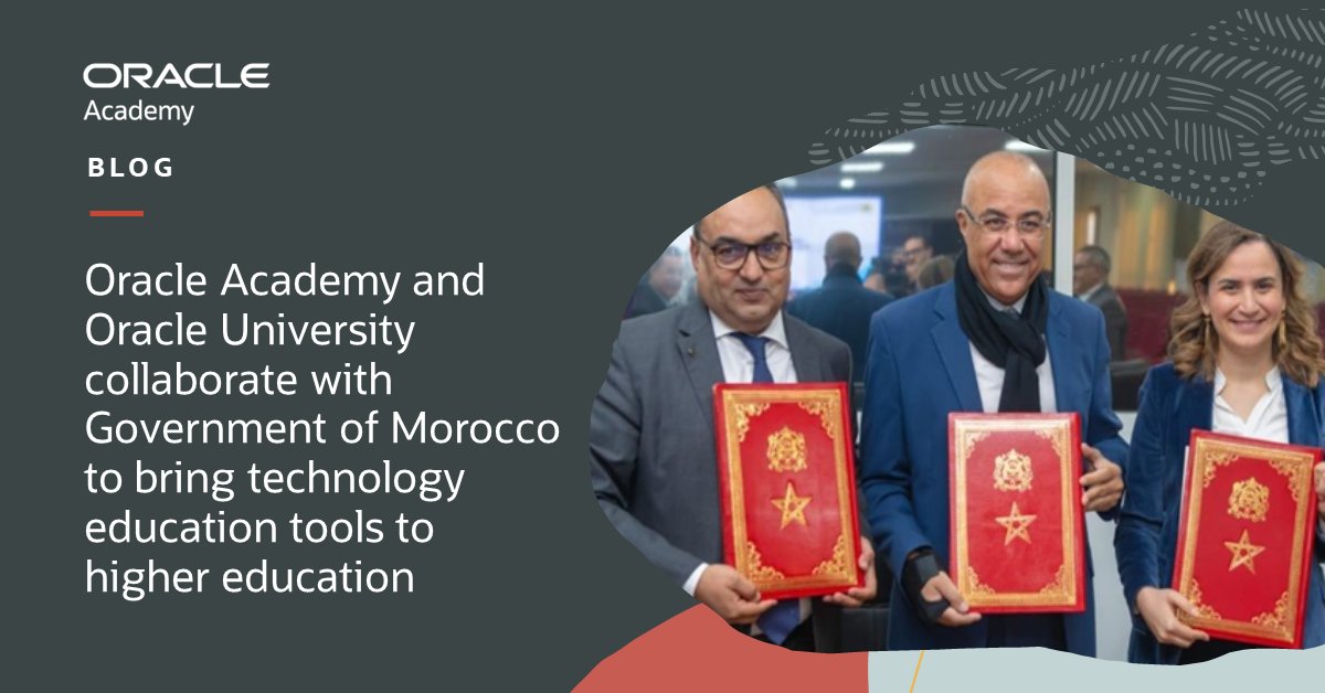 #OracleAcademy and #OracleUniversity have signed an agreement with the Government of #Morocco to bring #technologyeducation tools and classroom to #careers #digitalskills and @Oracle certifications to #highereducation educators and students. Read > social.ora.cl/6012Rj4ii