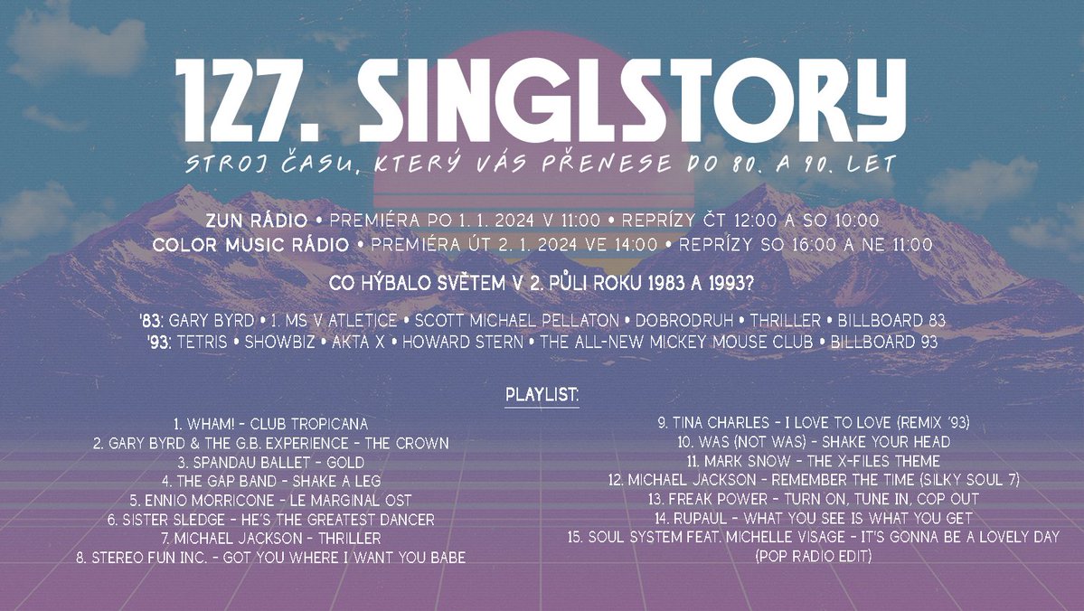 SinglStory's tweet photo. Letem světem 2. půlí roku 1983 a 1993 se @singlstory! Již dnes v 11:00 na 🌊 @zunradio a v úterý ve 14:00 na 🌊 #ColorMusicRadio 📻 Těšíme se na vás!😎
#FreakPower #MichaelJackson #Wham #retro #80s #90s
Tento pořad vám přináší @coucoupastrami a @zonerphotostudio! https://t.co/O24gepHqHX