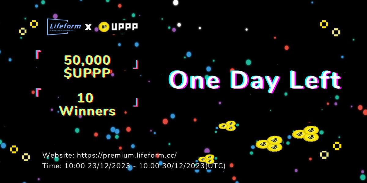 Lifeformcc's tweet photo. Last call! Join #LifeformPremium x UPPP airdrop campaign to win $UPPP. Only ONE DAY left, suit up!
https://t.co/xxbgiqFM5N https://t.co/IKxdg7MMiY